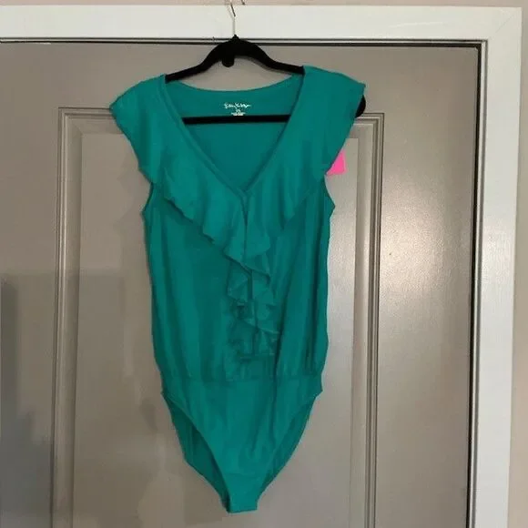 Lilly Pulitzer Caliana Body Suit, Bright Agate Green, Ruffle Neck Sz S NWT *** - Picture 2 of 4